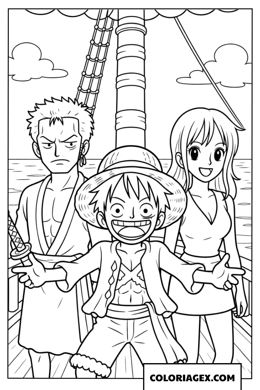 Coloriage Luffy, Zoro et Nami sur le navire