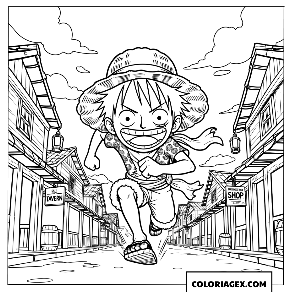 Coloriage Luffy court dans les rues de Loguetown