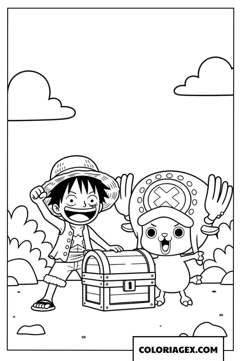 Coloriage Luffy et Chopper avec le coffre au trésor