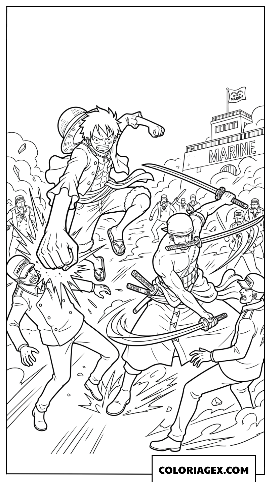 Coloriage Luffy et Zoro battant les soldats de la Marine