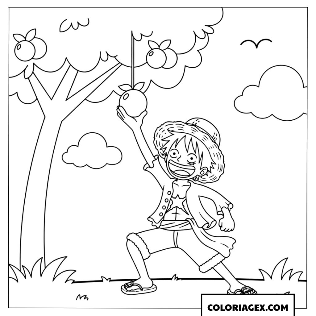 Coloriage Luffy mange des fruits sur l’île