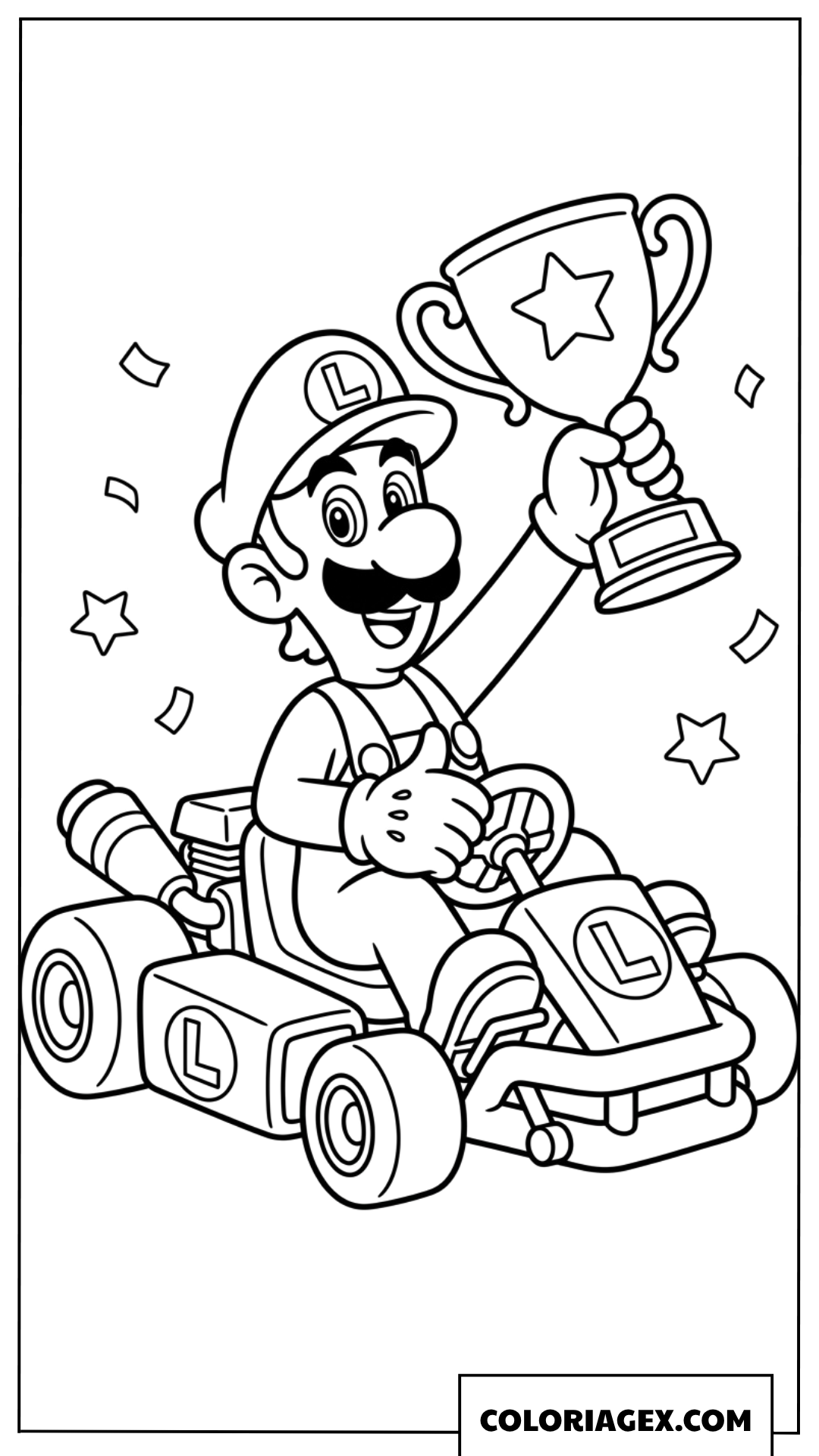 Coloriage Luigi Mario Kart avec la coupe de la victoire