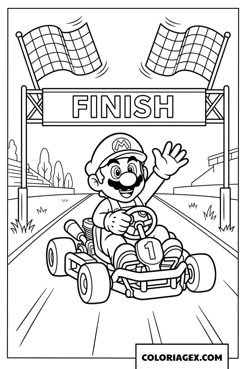 Coloriage Mario Kart au passage de la ligne d arrivee