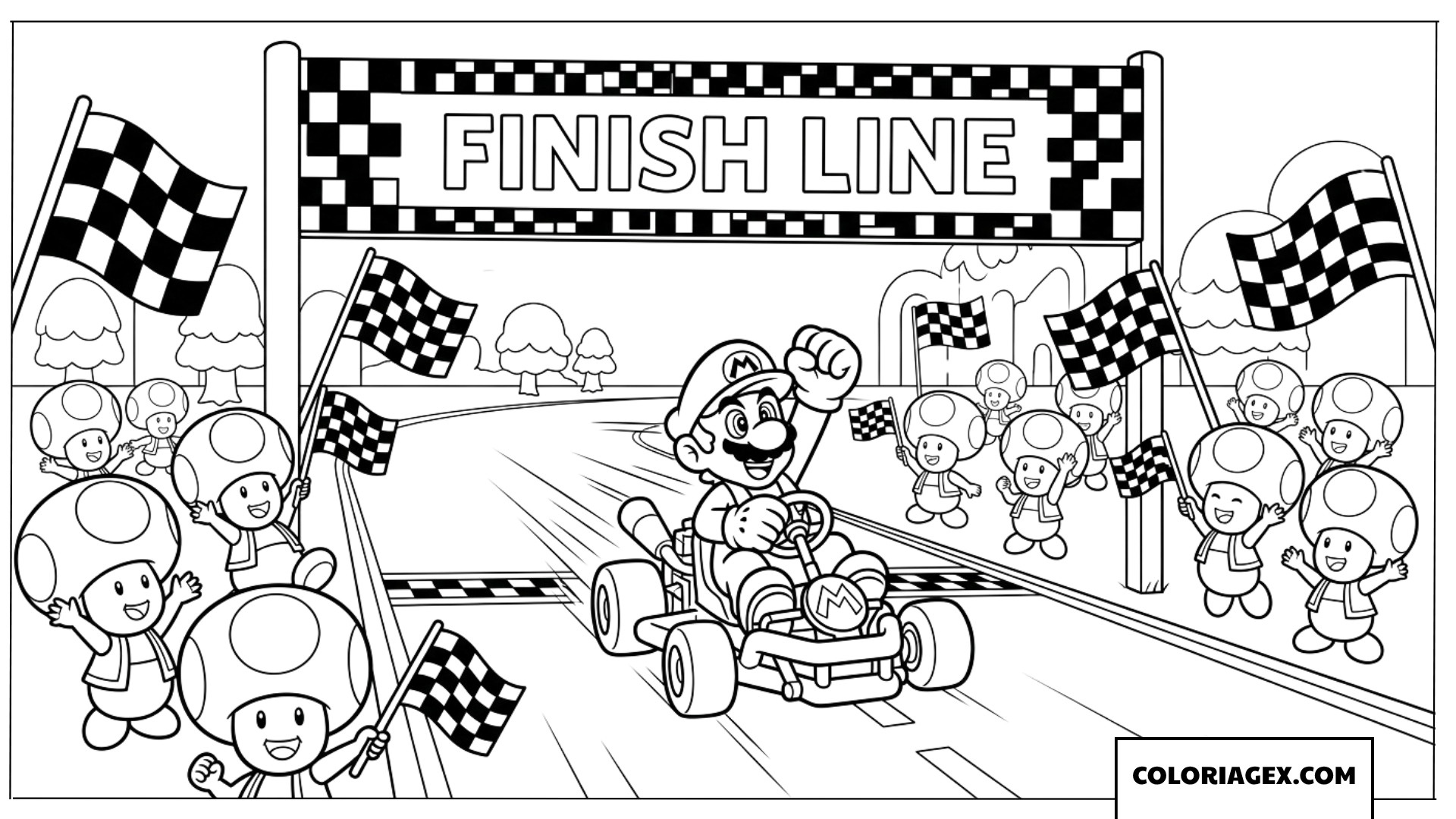 Coloriage Mario Kart passe la ligne d arrivee en vainqueur