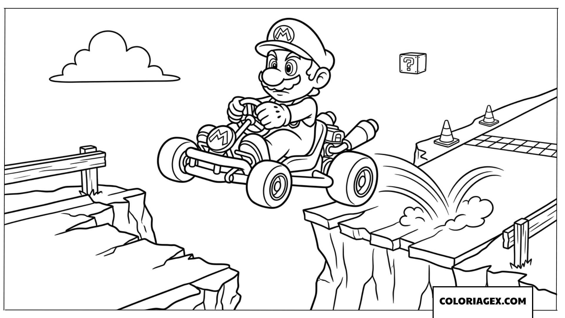 Coloriage Mario Kart sautant au dessus d un ravin dangereux