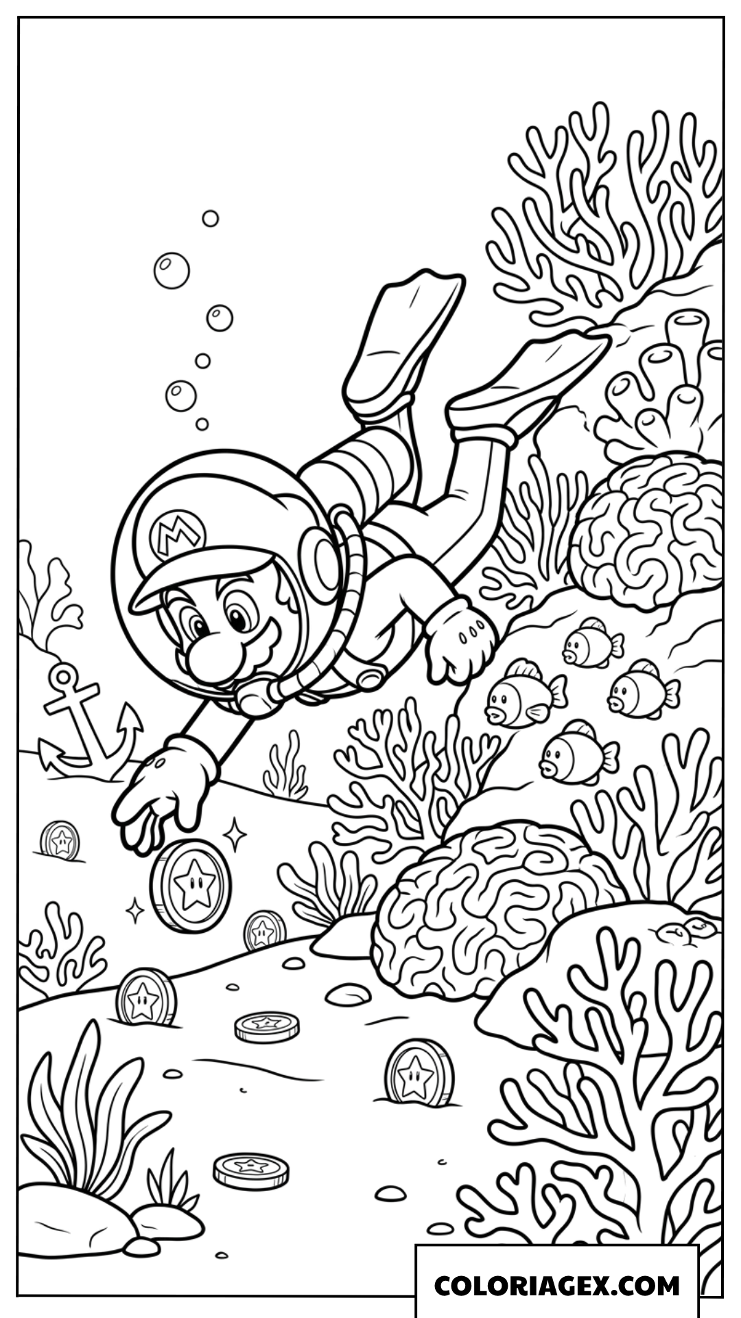 Coloriage Mario à la découverte de trésors sous-marins