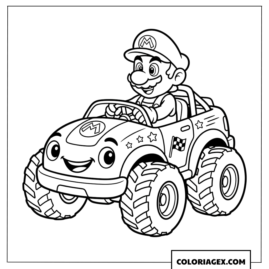 Coloriage Mario au volant d un monster truck rigolo