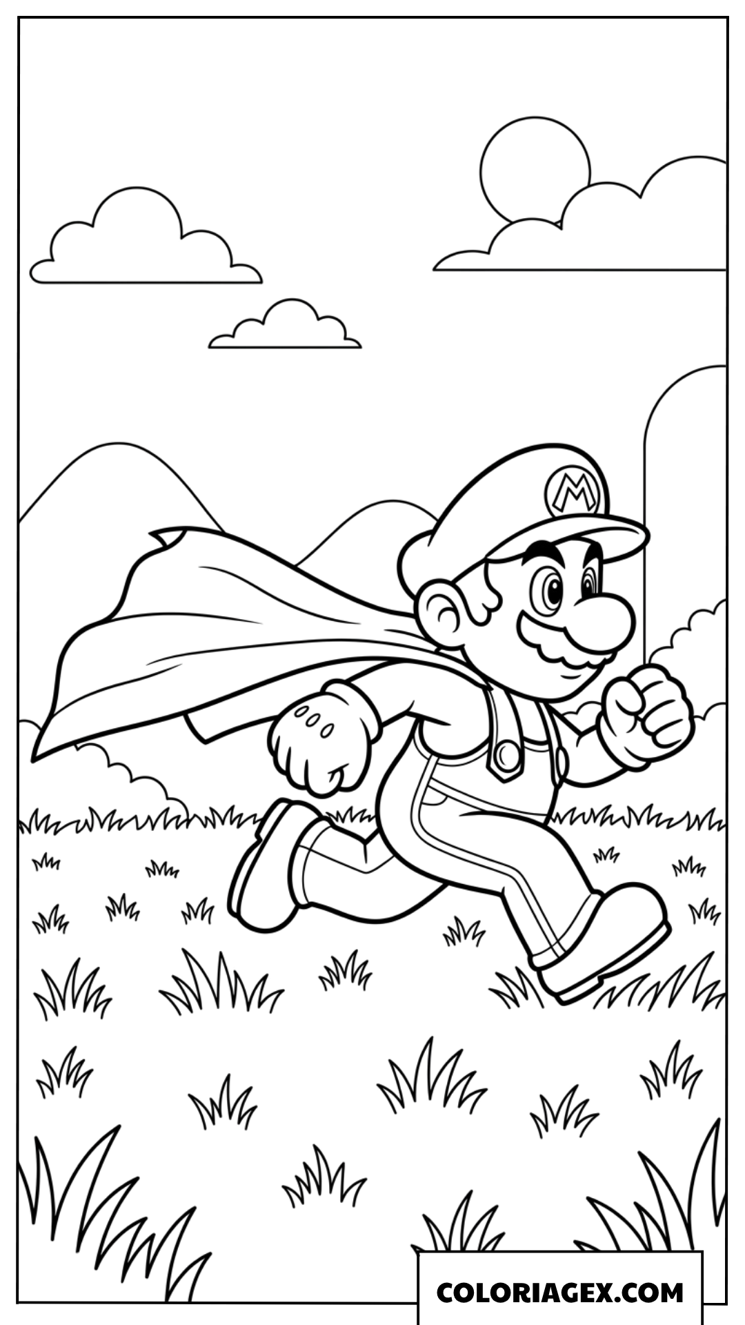 Coloriage Mario cape qui court dans la prairie