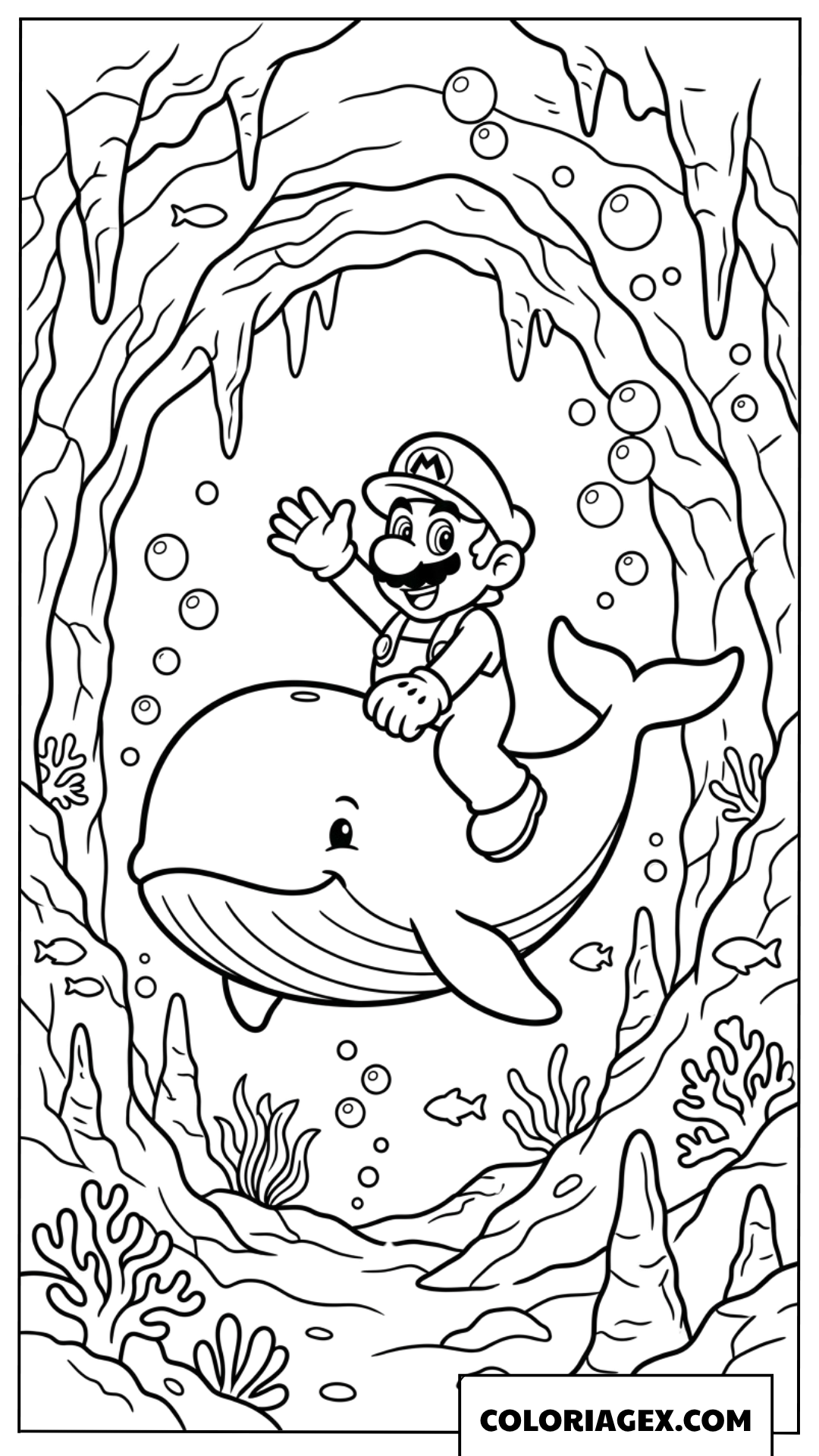 Coloriage Mario chevauchant une baleine dans une grotte sous-marine