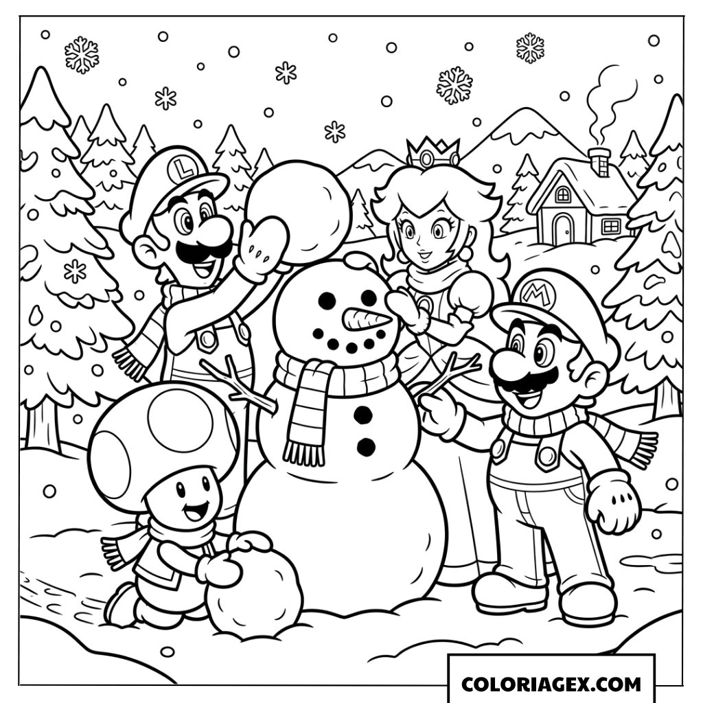 Coloriage Mario et Luigi avec leurs amis faisant un bonhomme de neige