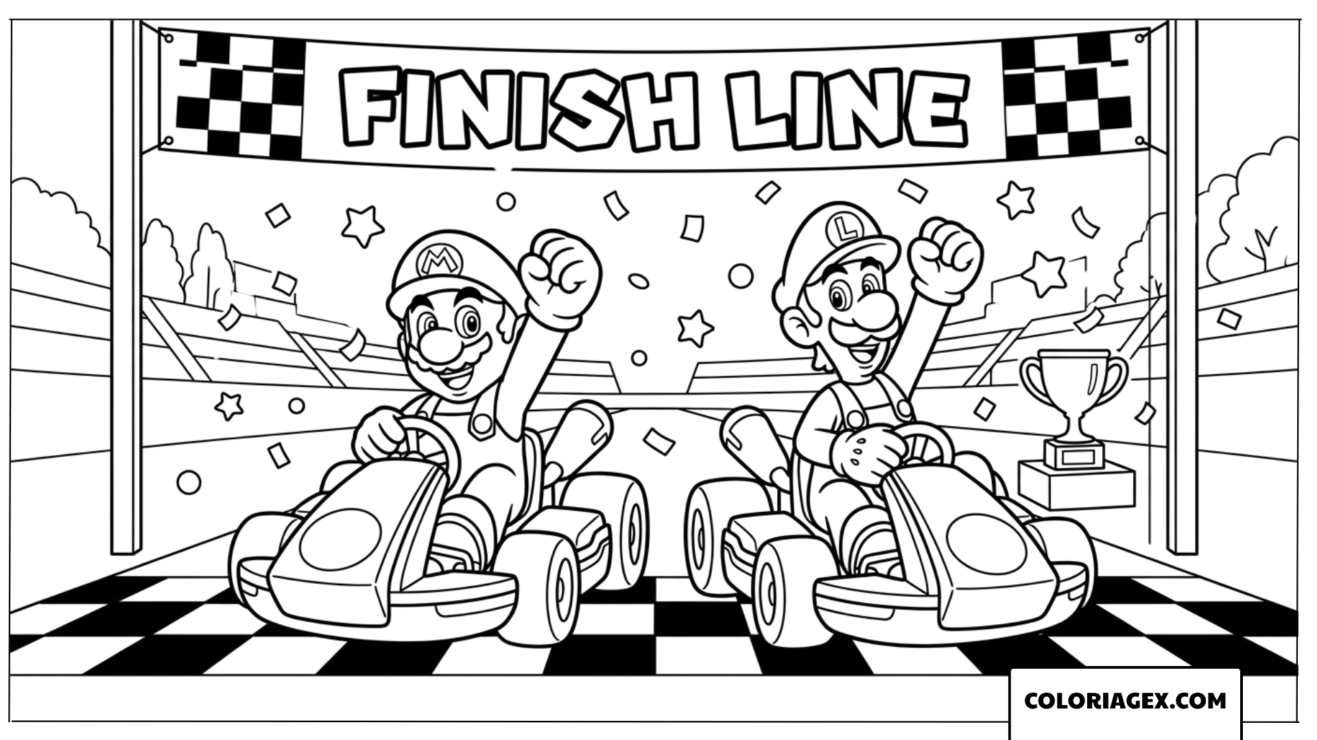 Coloriage Mario et Luigi célébrant la victoire à la ligne d'arrivée