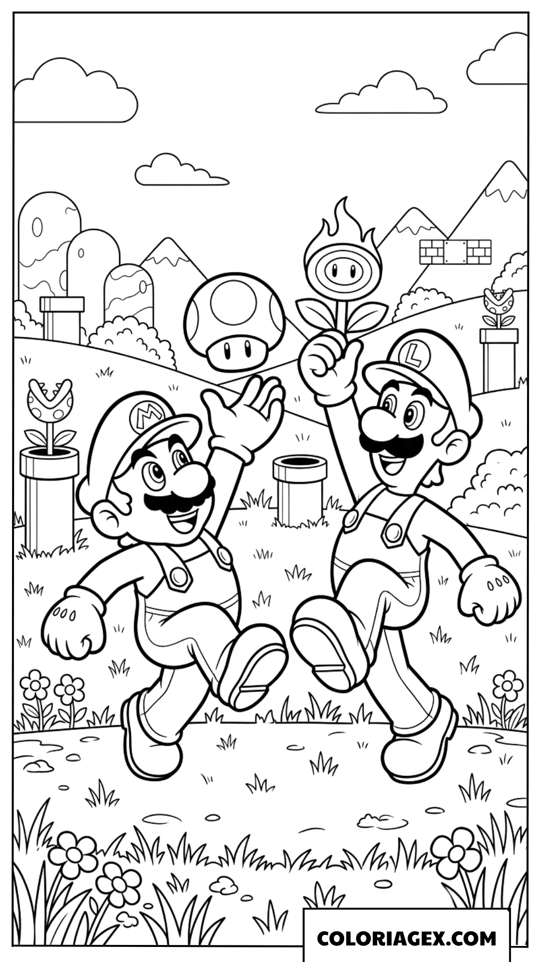 Coloriage Mario et Luigi collectionnant un champignon et une fleur de feu