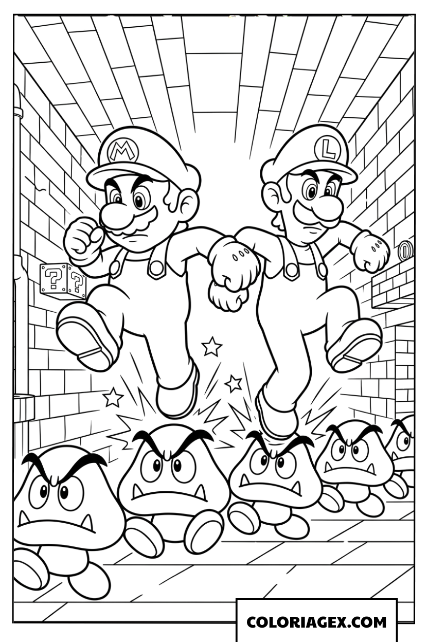 Coloriage Mario et Luigi écrasant les Goombas