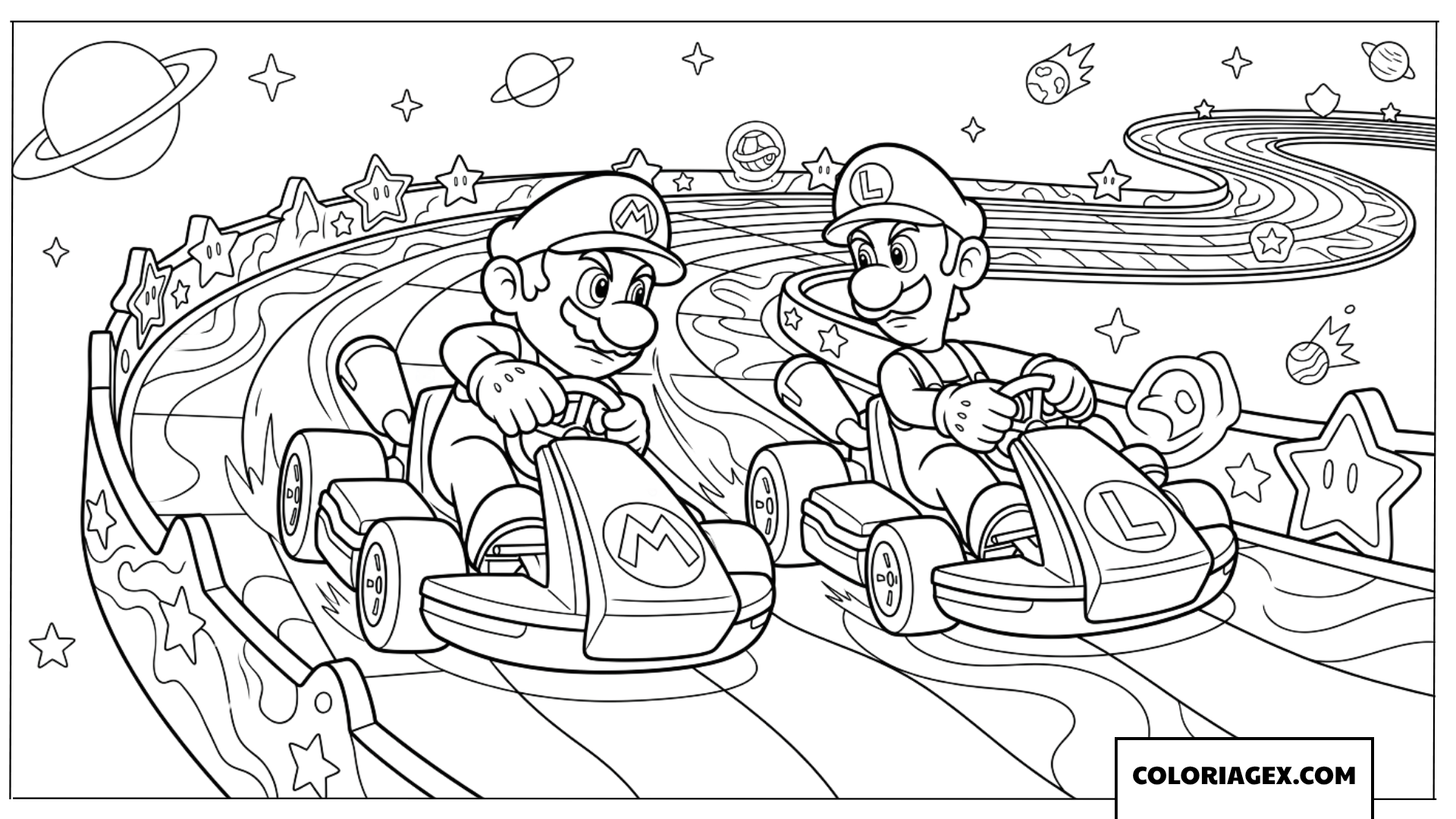 Coloriage Mario et Luigi en course sur la Route Arc en Ciel