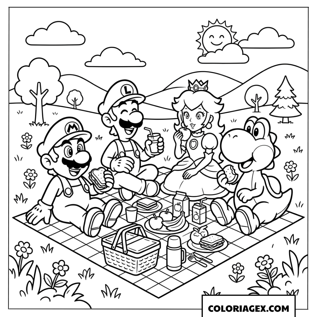 Coloriage Mario et Luigi en pique nique avec Peach et Yoshi