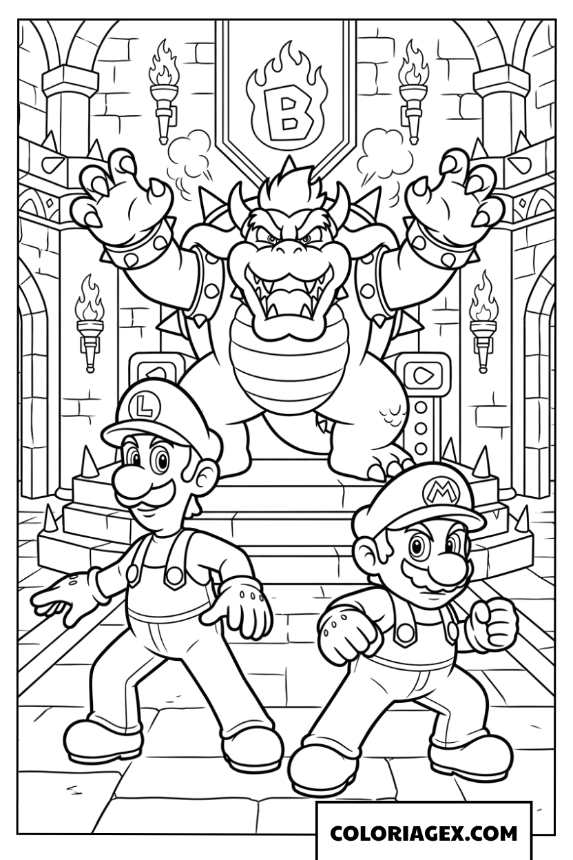 Coloriage Mario et Luigi face au redoutable Bowser