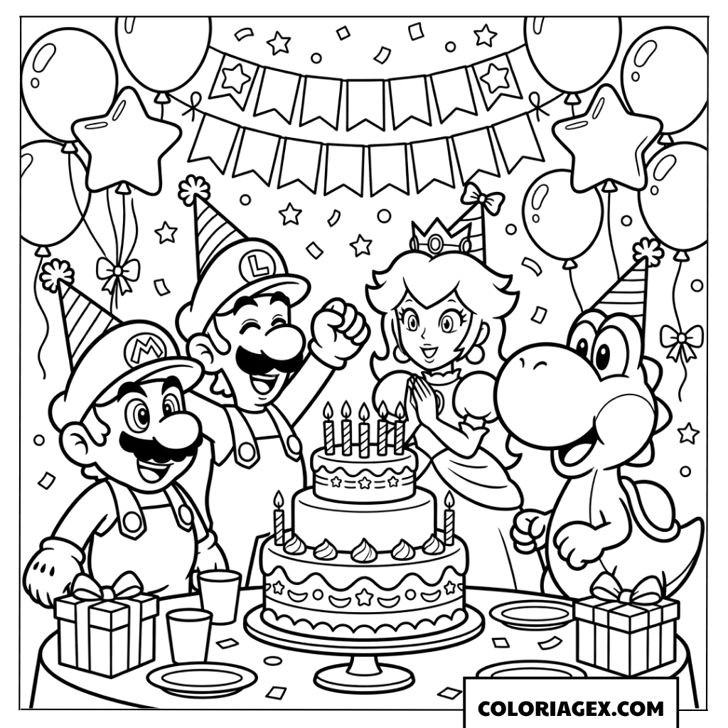 Coloriage Mario et Luigi fêtant un joyeux anniversaire avec Yoshi et Peach