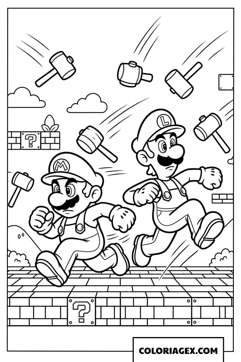 Coloriage Mario et Luigi fuyant les marteaux volants