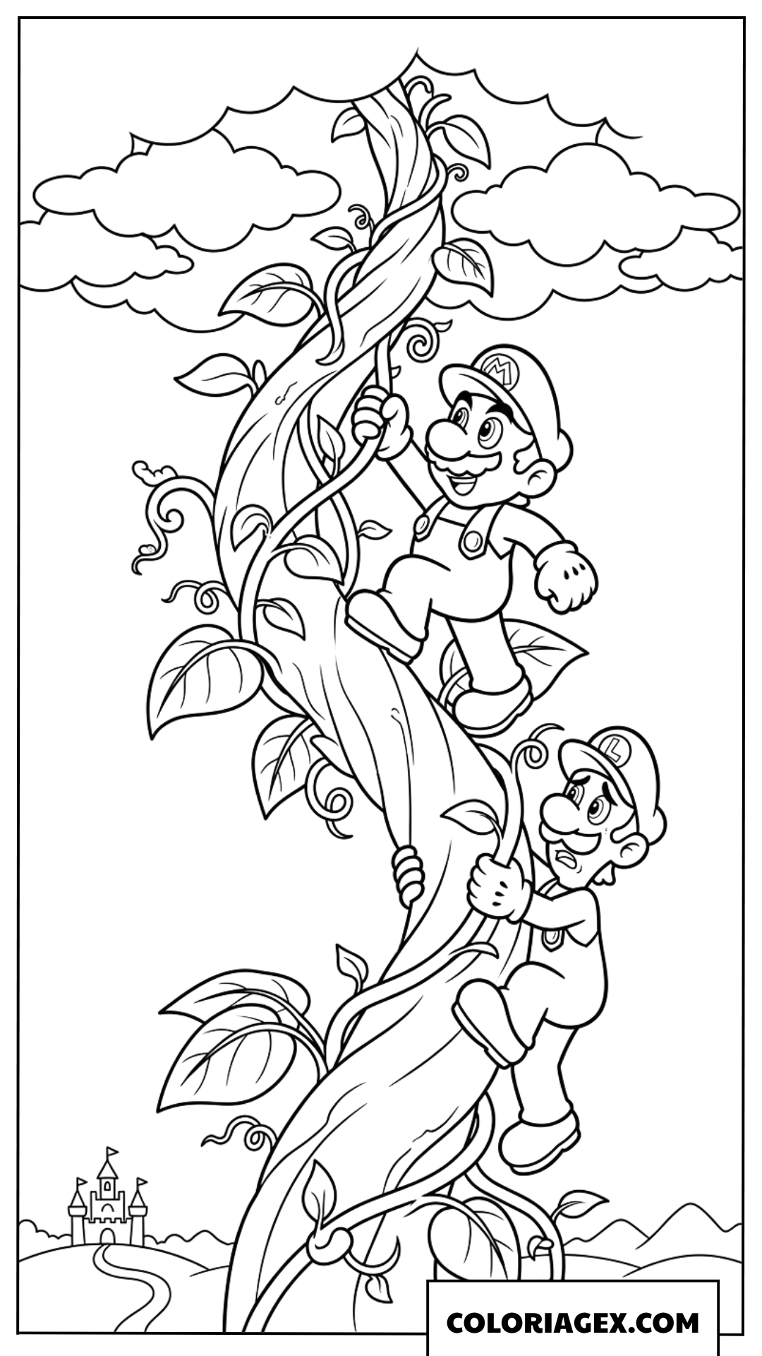 Coloriage Mario et Luigi grimpant le haricot magique