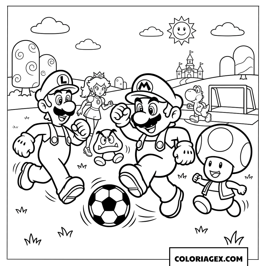 Coloriage Mario et Luigi jouant au football avec Toad et Peach
