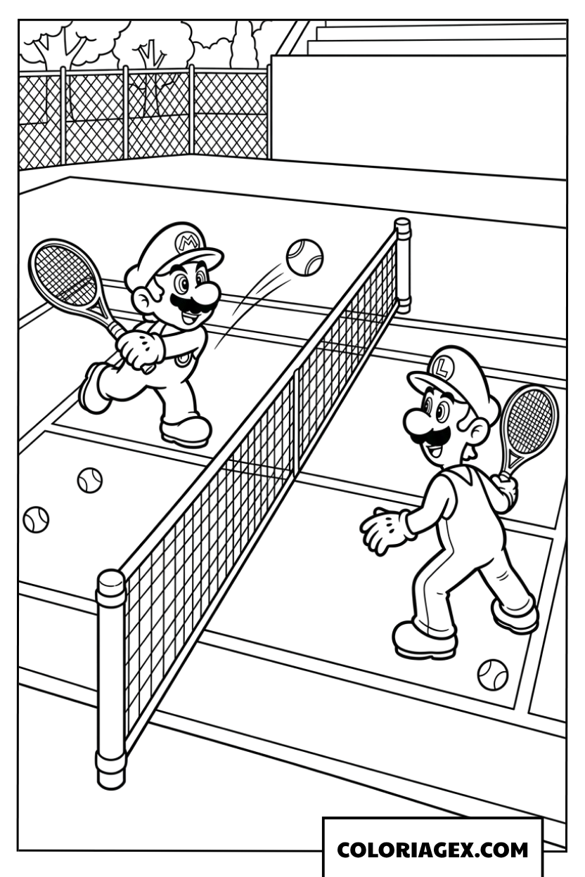 Coloriage Mario et Luigi jouent au tennis sur le terrain