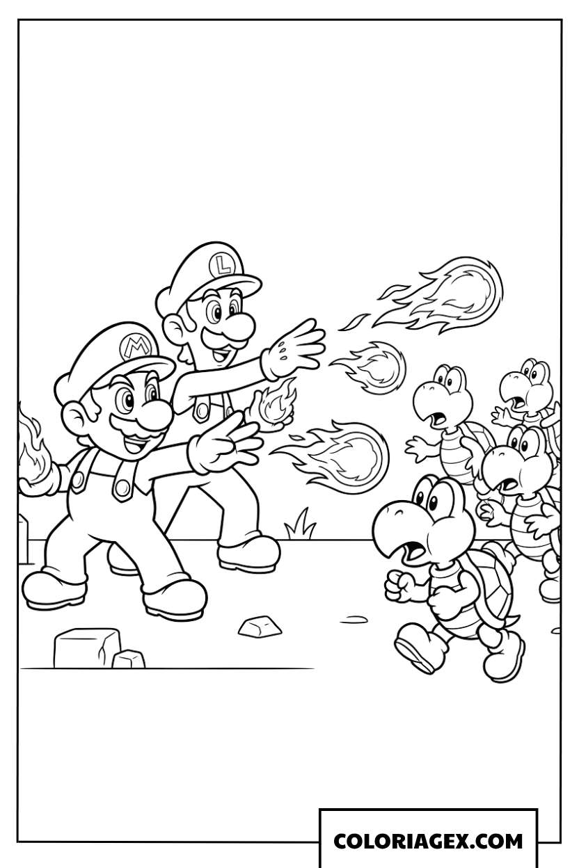 Coloriage Mario et Luigi lançant des boules de feu sur les Koopas