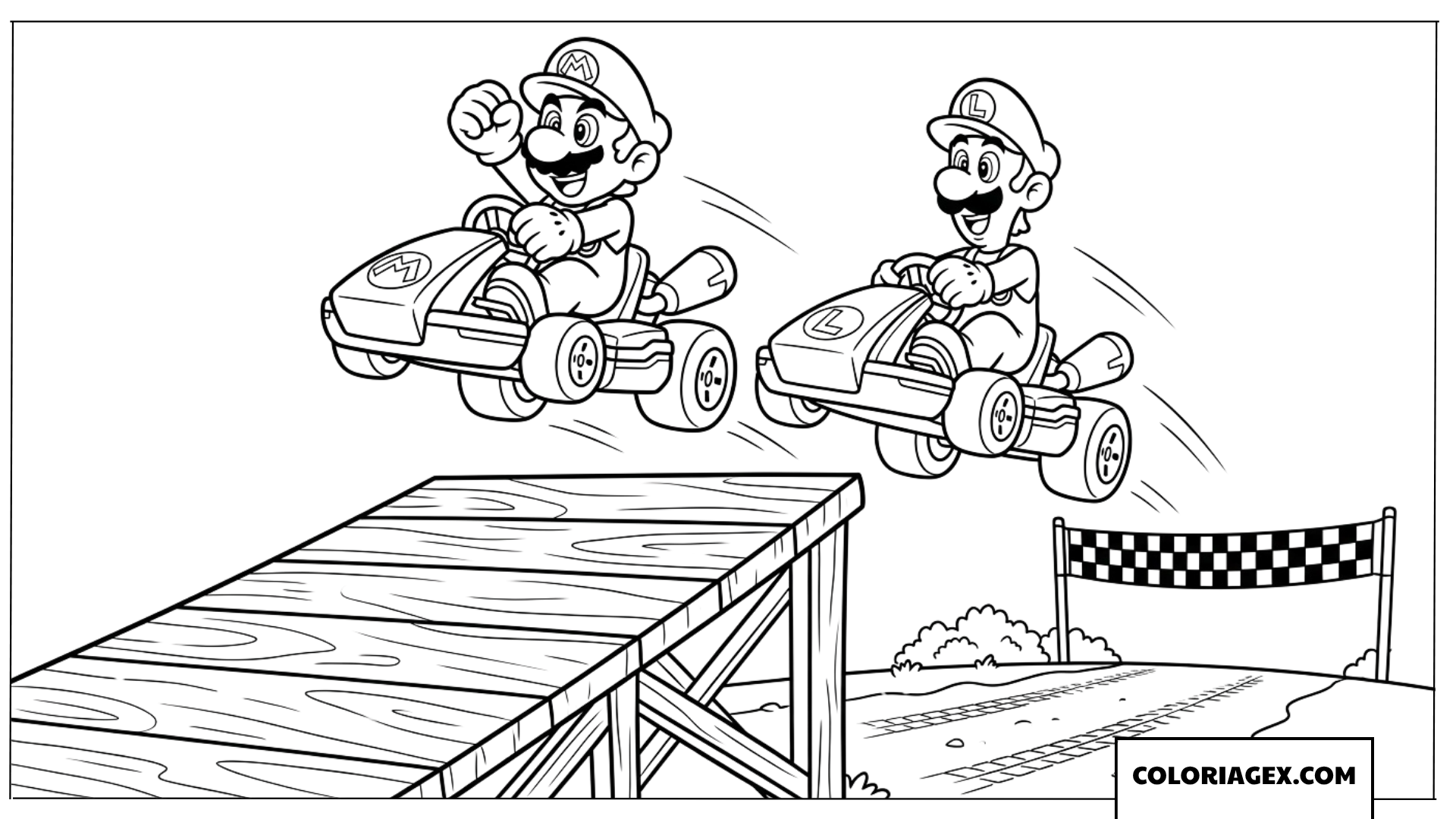 Coloriage Mario et Luigi pilotant des karts en plein saut
