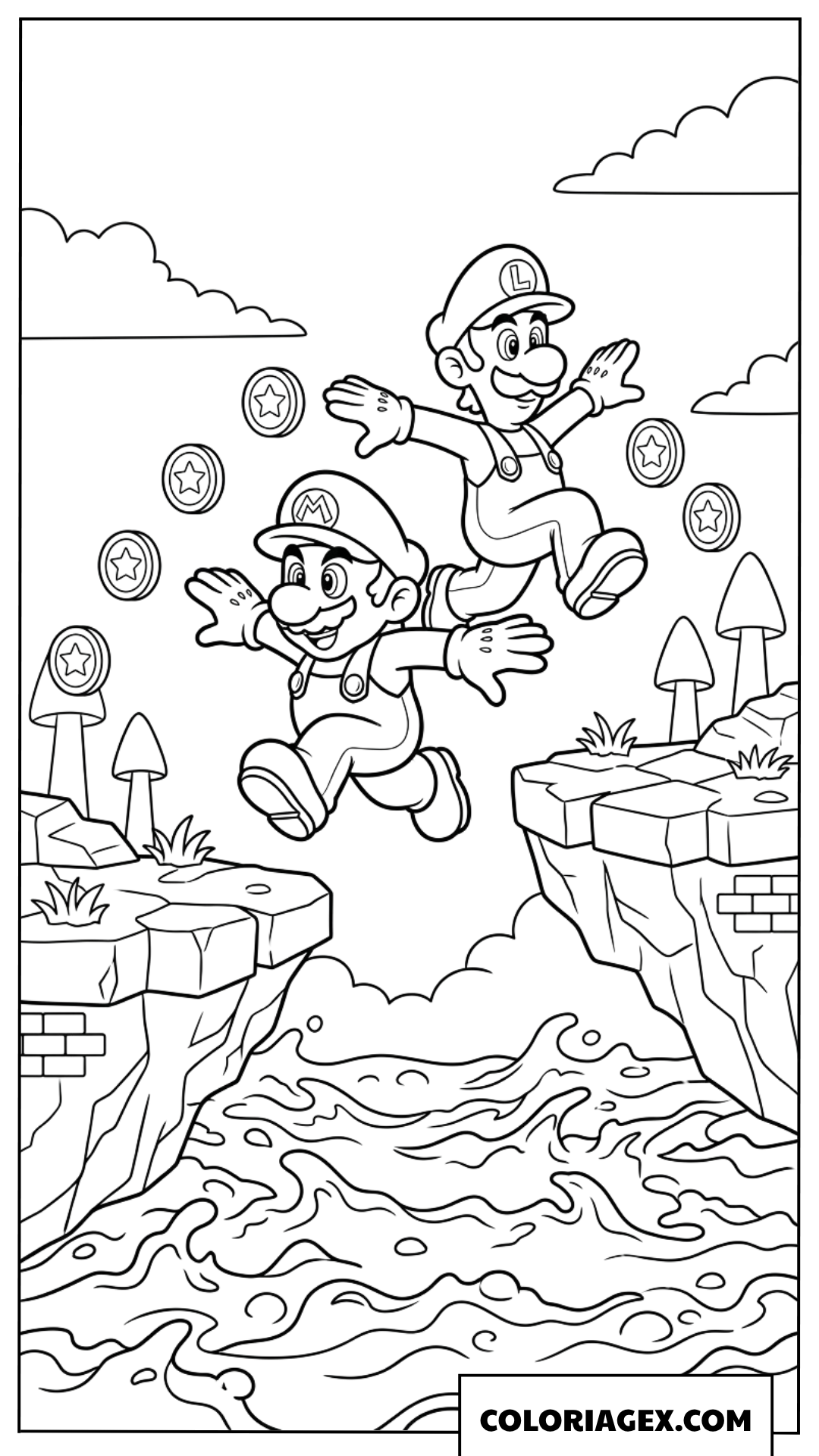 Coloriage Mario et Luigi sautant par-dessus un abîme