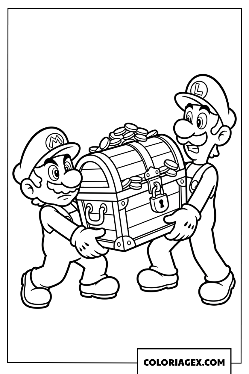 Coloriage Mario et Luigi transportent un coffre au tresor