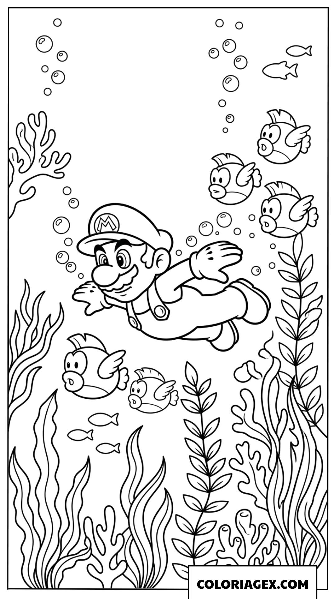 Coloriage Mario nageant avec un banc de poissons Cheep Cheep