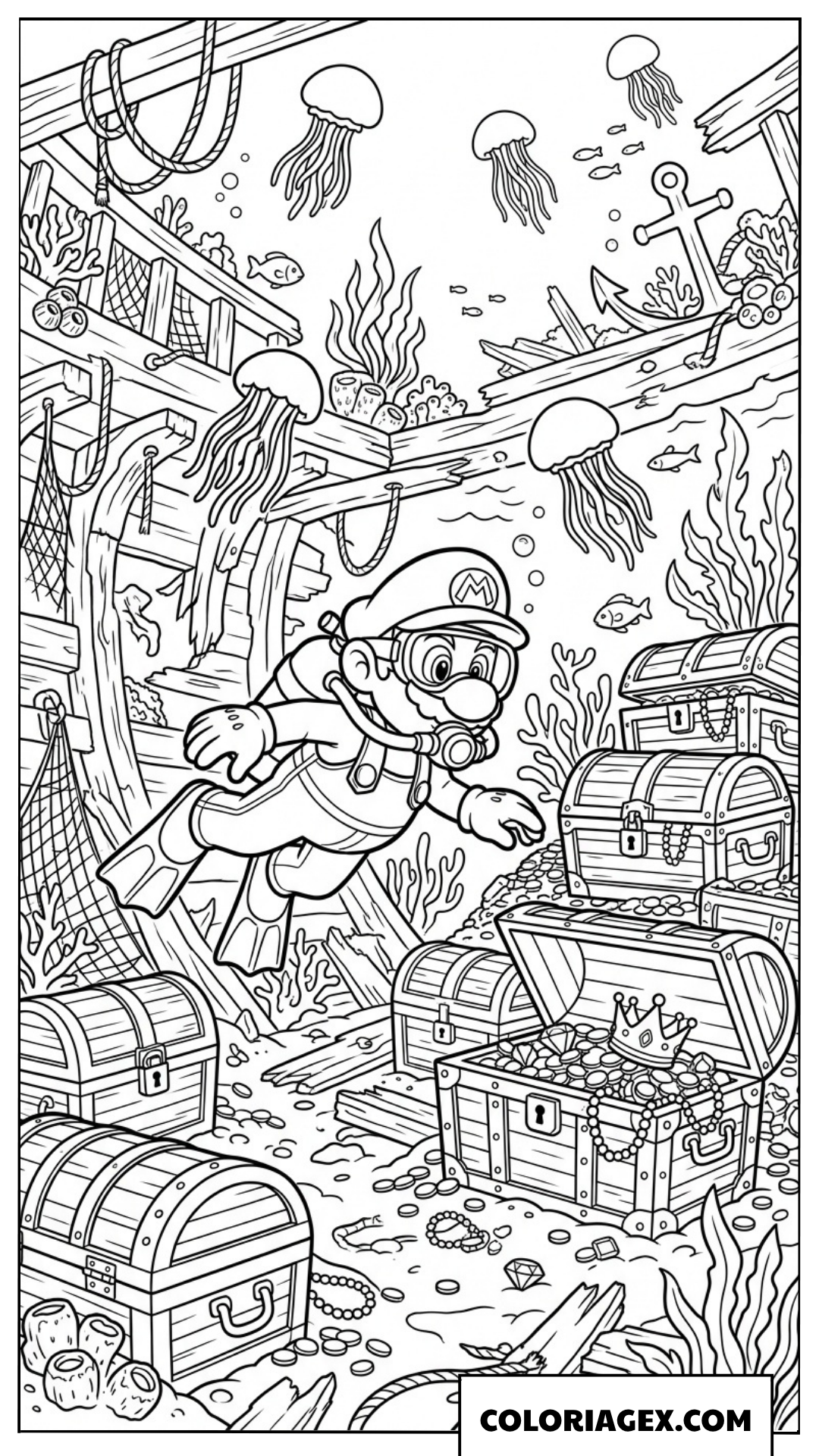 Coloriage Mario plongeur à la recherche de trésors dans une épave sous-marine