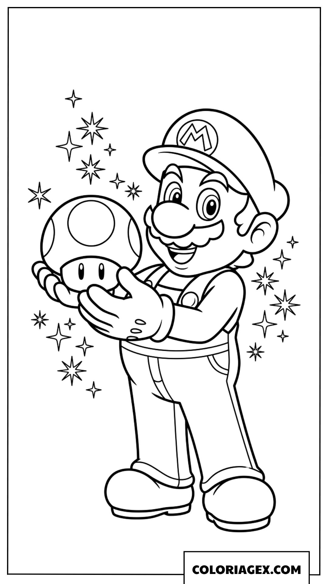 Coloriage Mario tenant un champignon magique dans ses mains