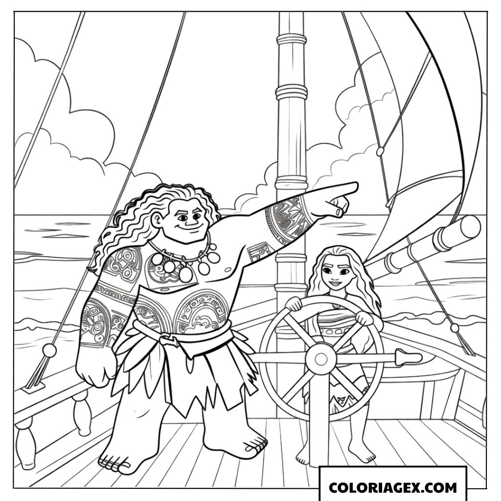 Coloriage Maui et Vaiana sur le bateau