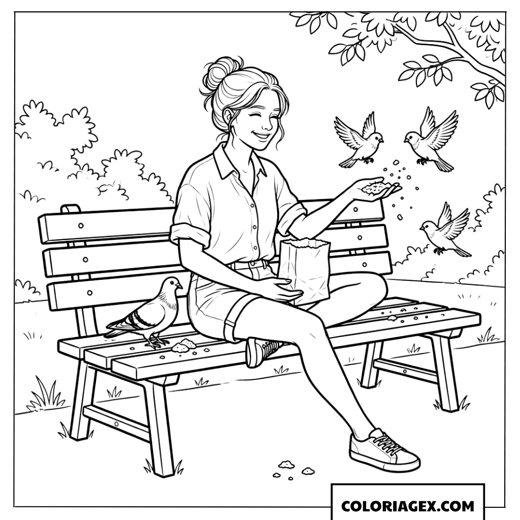 Coloriage Nourrir les oiseaux sur un banc