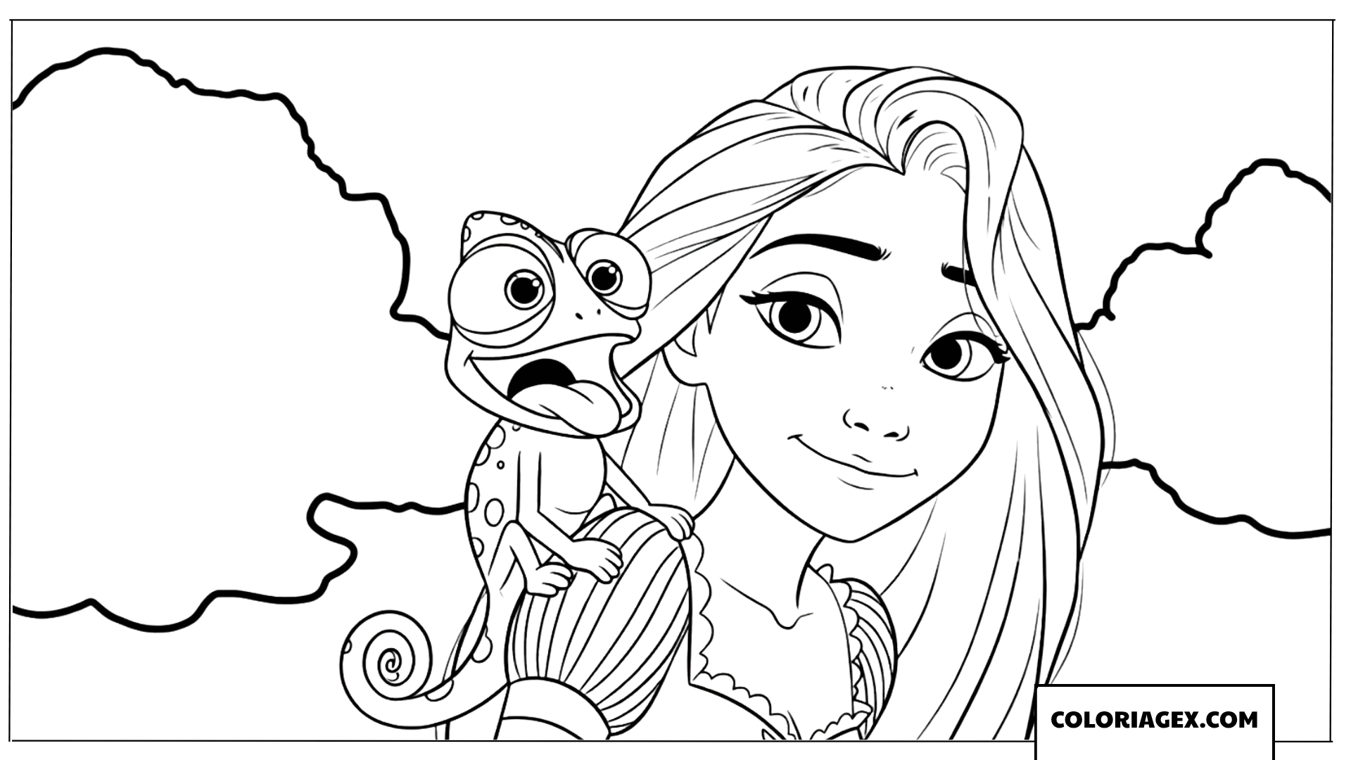 Coloriage Pascal le caméléon sur l'épaule de Raiponce