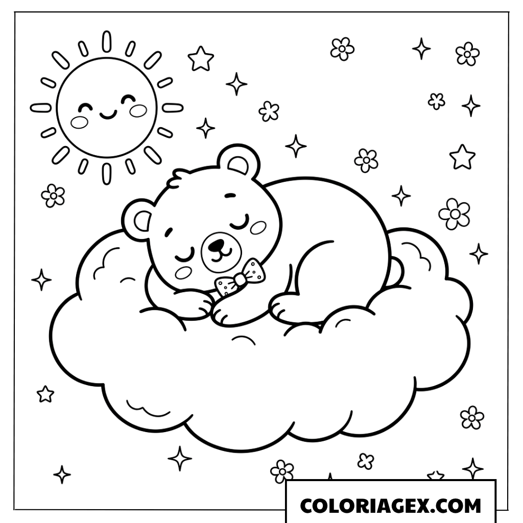 Coloriage Petit Ours Dormant sur un Nuage