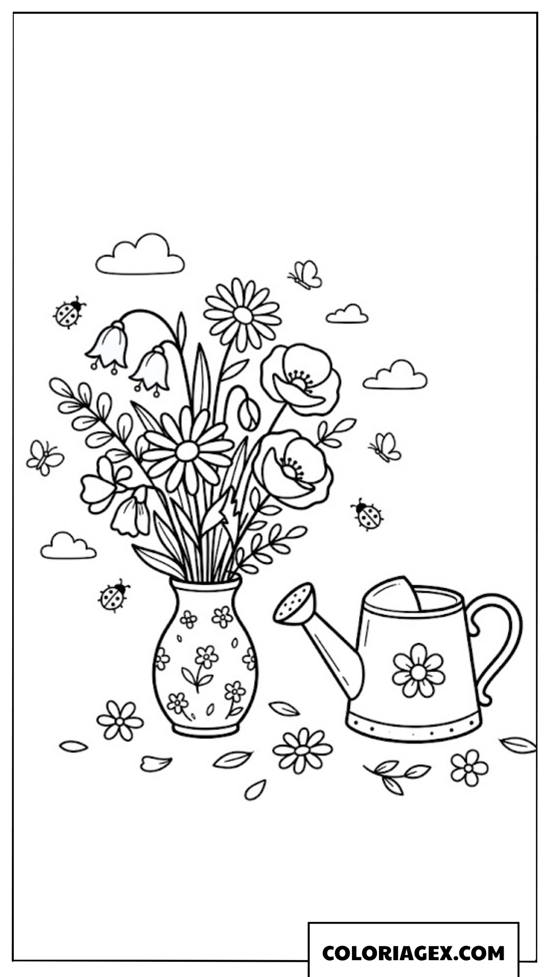 Coloriage Petit Vase Fleuri près d’un Arrosoir
