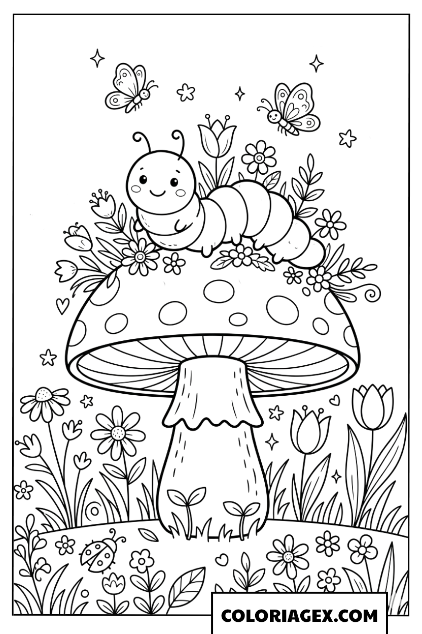 Coloriage Petite Chenille sur un Champignon Magique