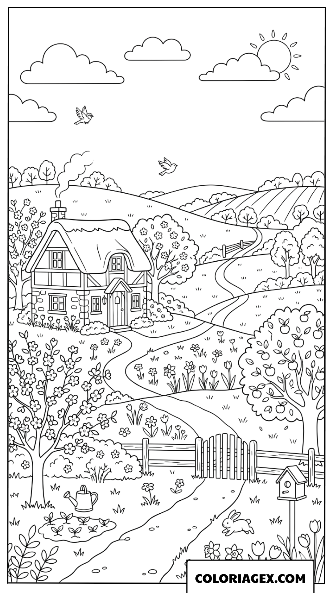Coloriage Petite Maison sur la Colline Printanière