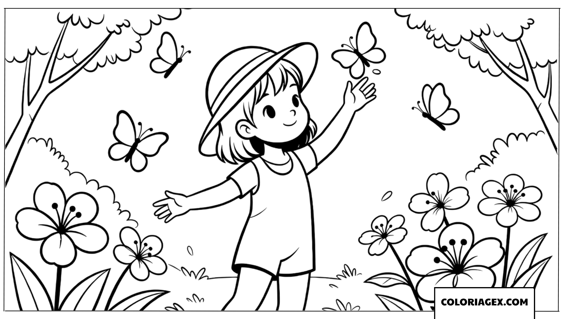 Coloriage Petite fille et papillons