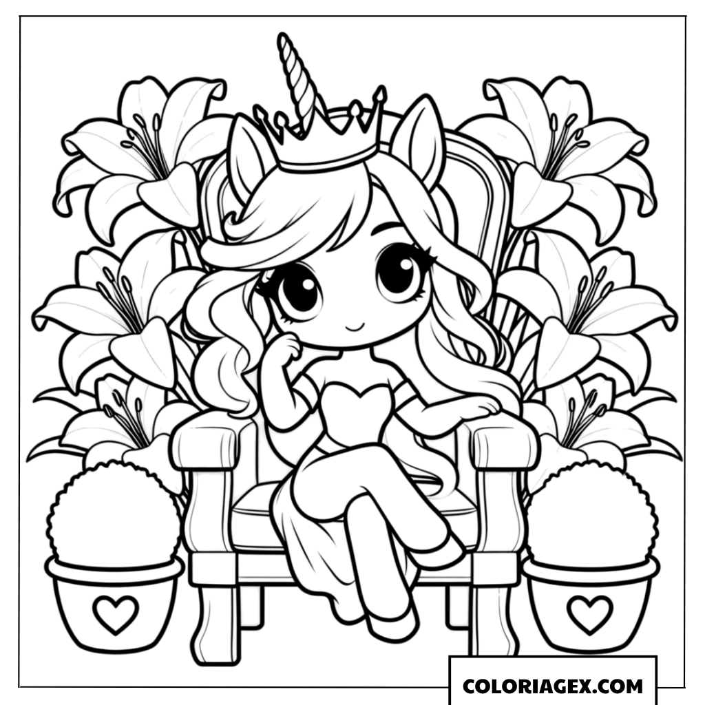 Coloriage Petite licorne princesse couronnée assise sur un banc fleuri