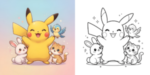 Coloriage Pikachu avec des Animaux Mignons ft