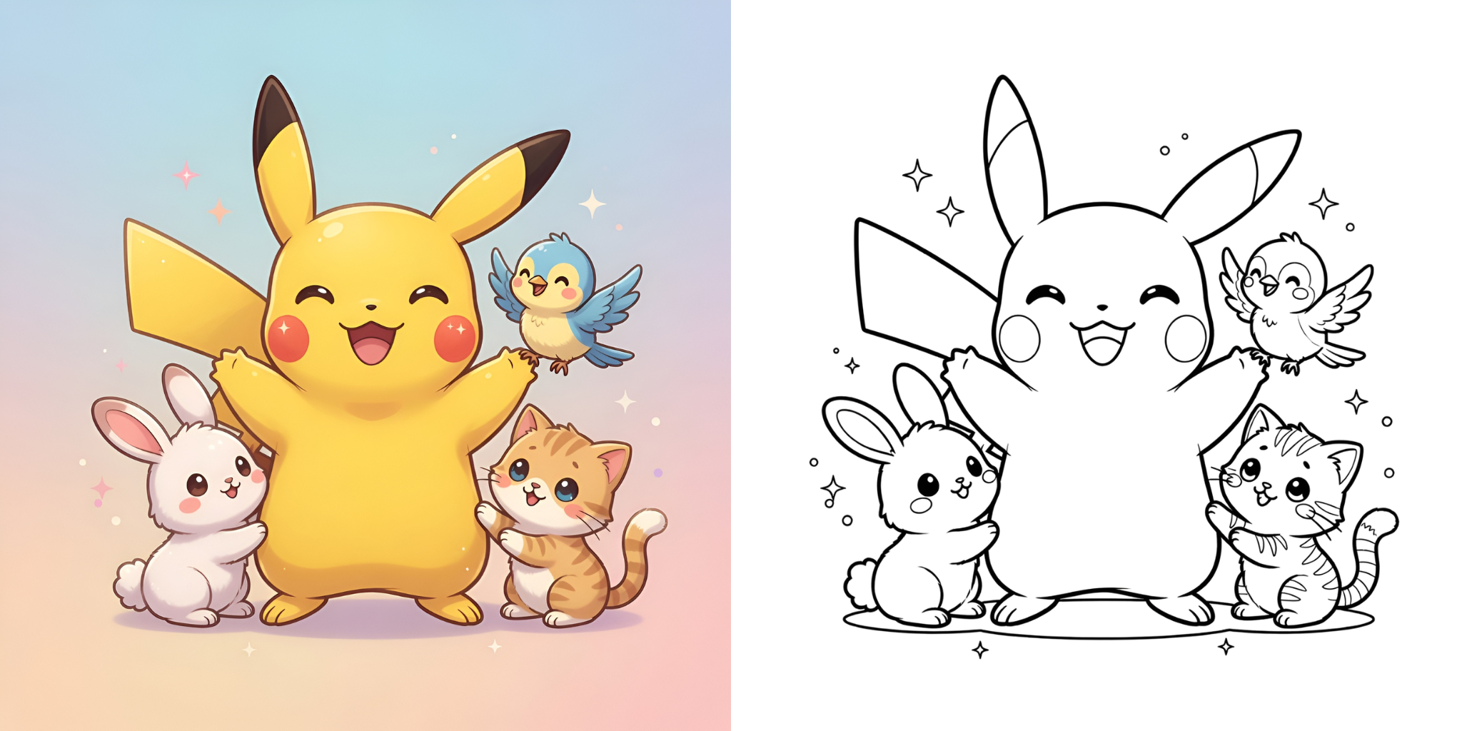 Coloriage Pikachu avec des Animaux Mignons ft