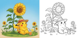 Coloriage Pikachu avec des fleurs ft