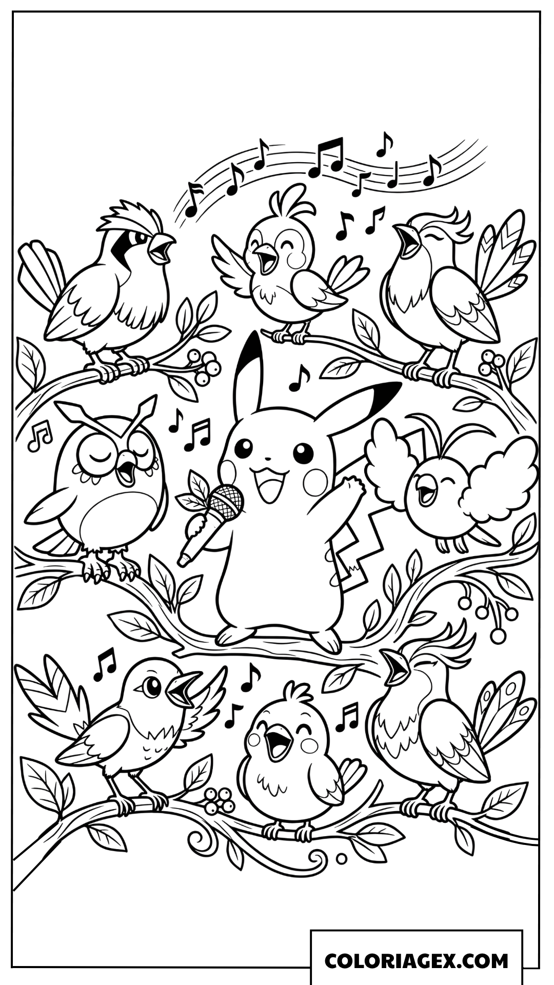 Coloriage Pikachu chante avec une chorale d'oiseaux