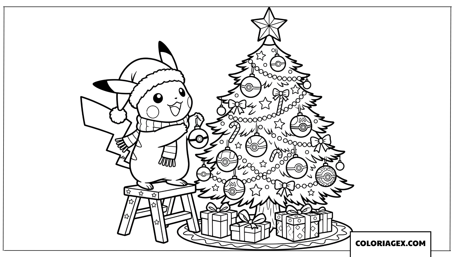 Coloriage Pikachu décorant un sapin de Noël avec des Pokéballs