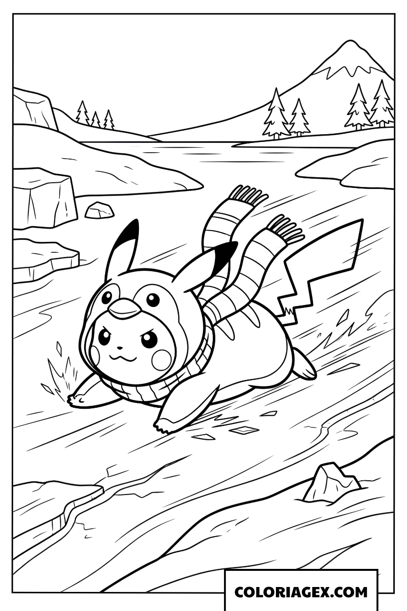 Coloriage Pikachu déguisé en pingouin glissant sur la glace