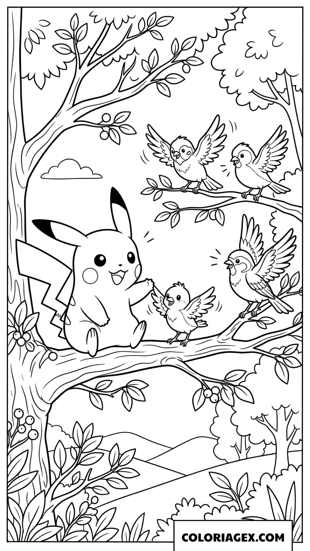 Coloriage Pikachu discute avec des petits oiseaux sur une branche