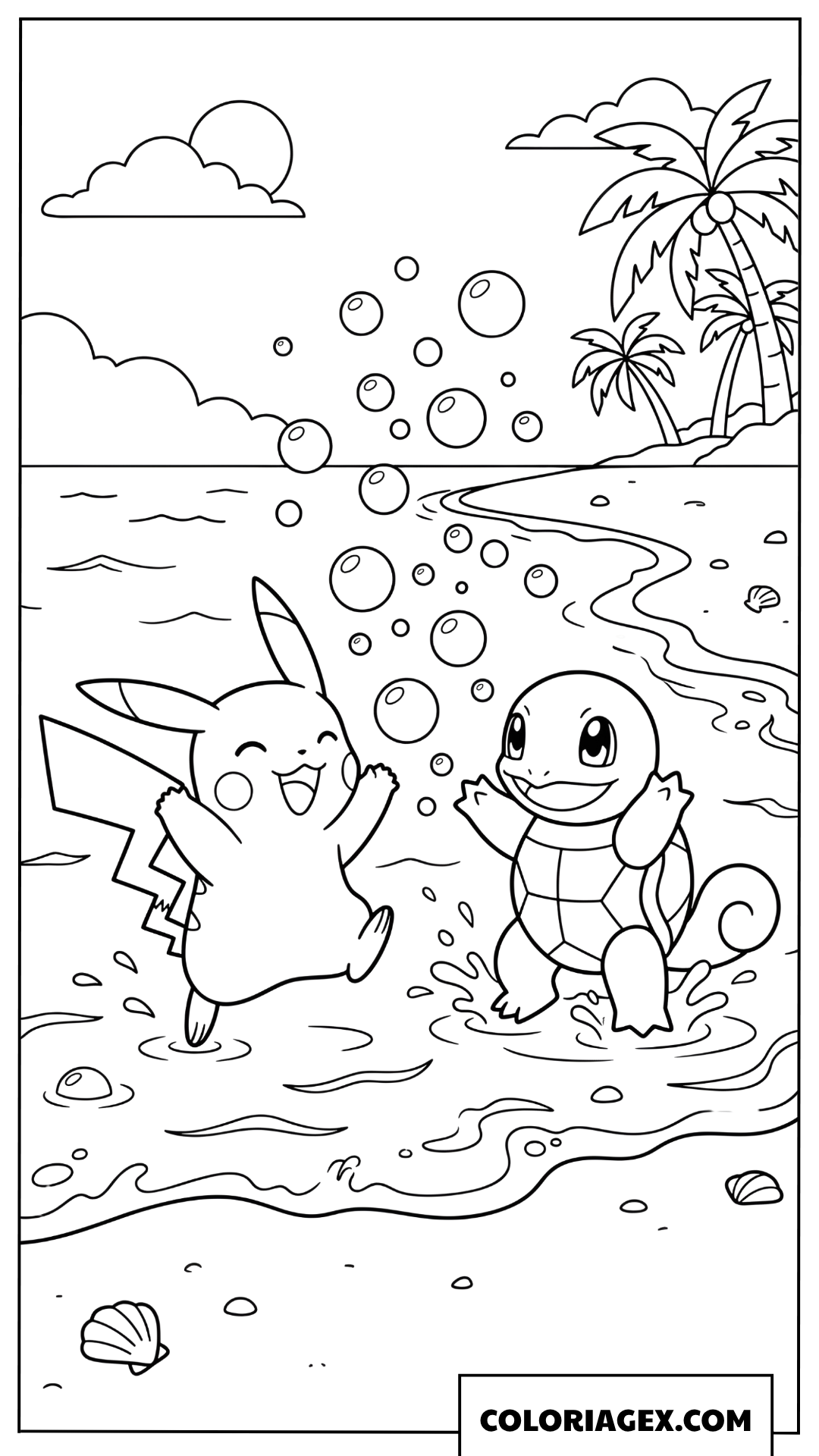 Coloriage Pikachu et Carapuce s'amusant sur la plage