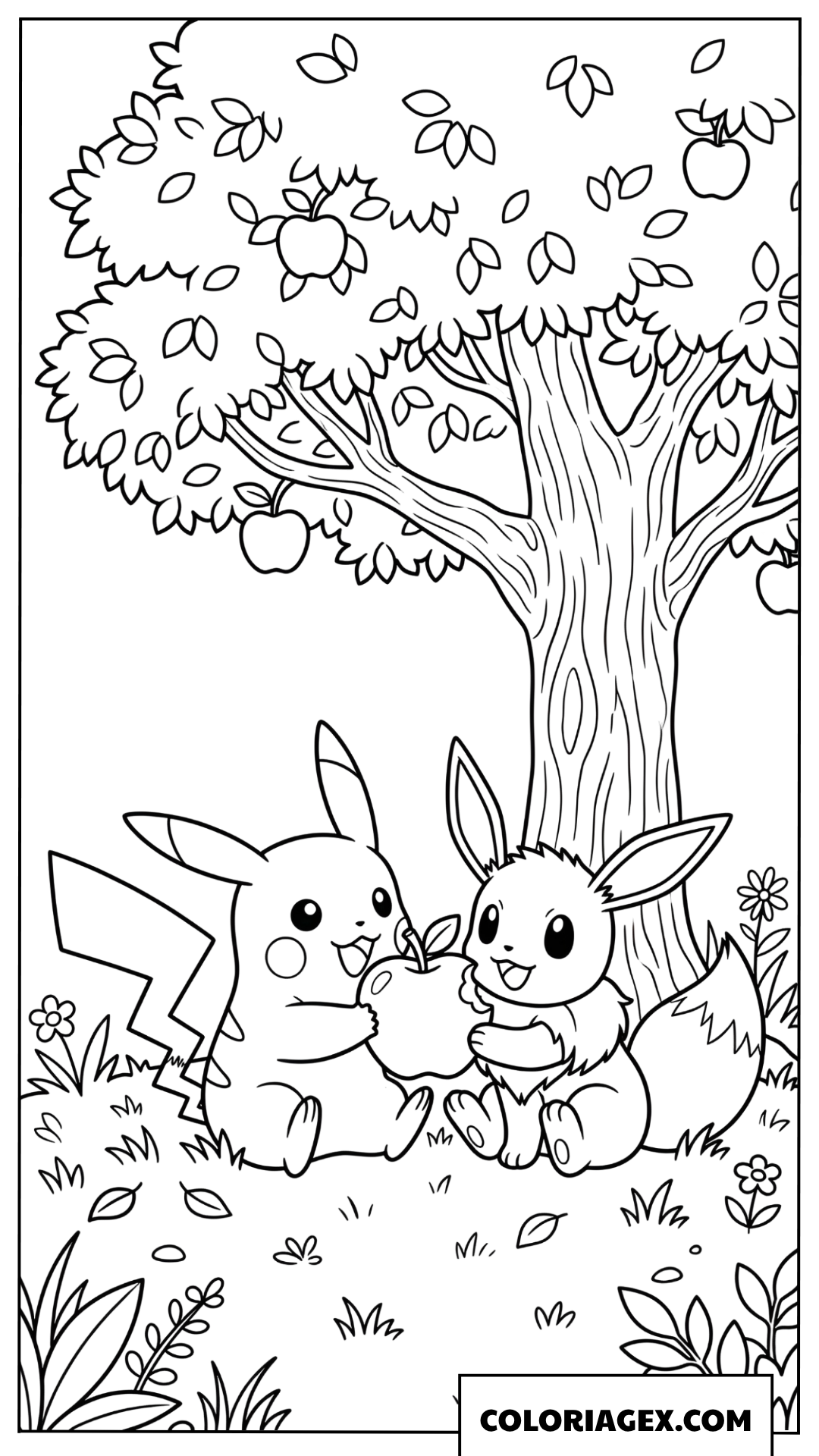 Coloriage Pikachu et Evoli partageant une pomme sous un pommier